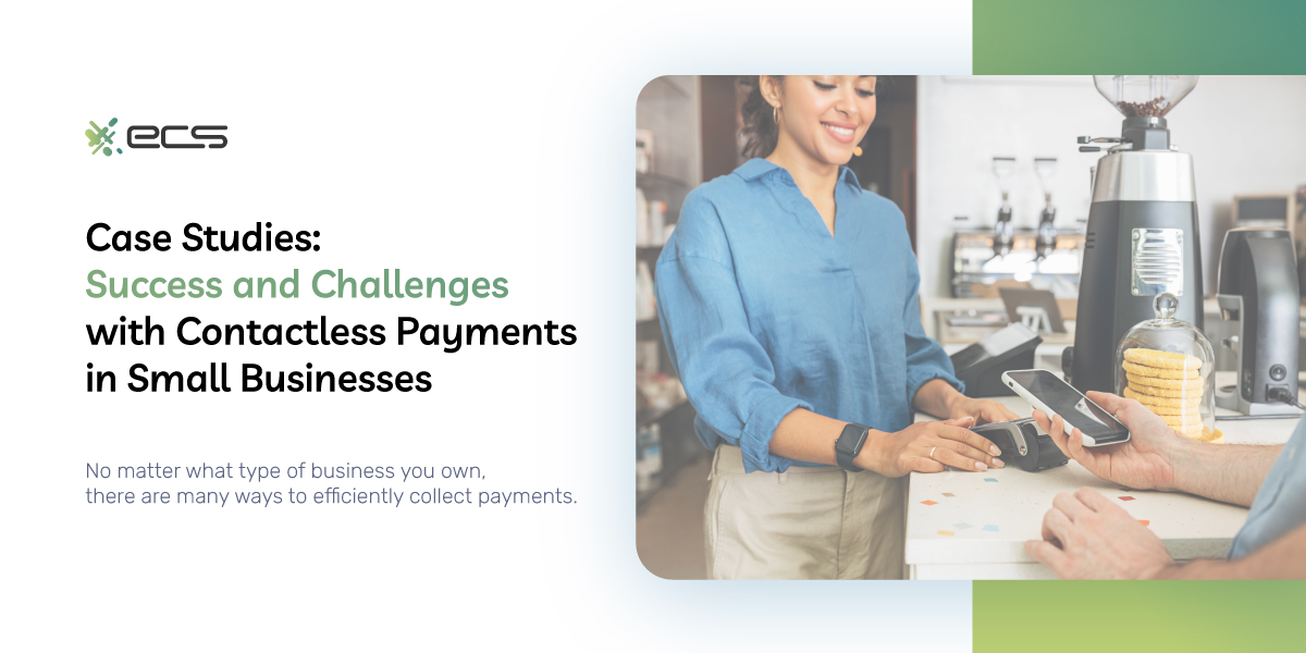 This flashcard showcases a small business owner helping a customer make a payment on a contactless payment terminal. The customer is using his credit card to finalize the transaction on the terminal