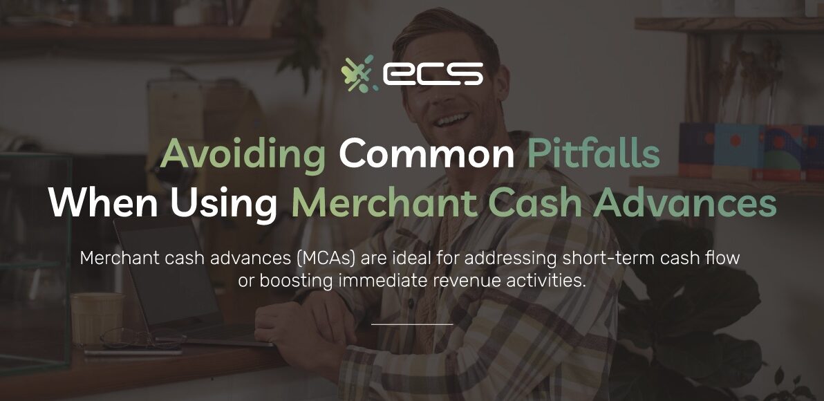 This flashcard highlights a business owner reviews data on his computer with the title "Avoiding MCA Pitfalls" above. The image highlights the importance of understanding MCA costs and risks to make informed financial choices.