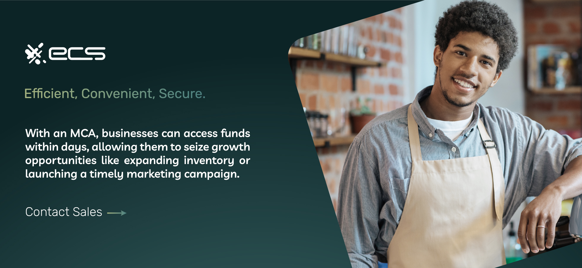 In this image, a young male entrepreneur smiles at the camera while leaning on a payment terminal in his café. The image reflects his reliance on merchant cash advances to manage immediate business expenses.